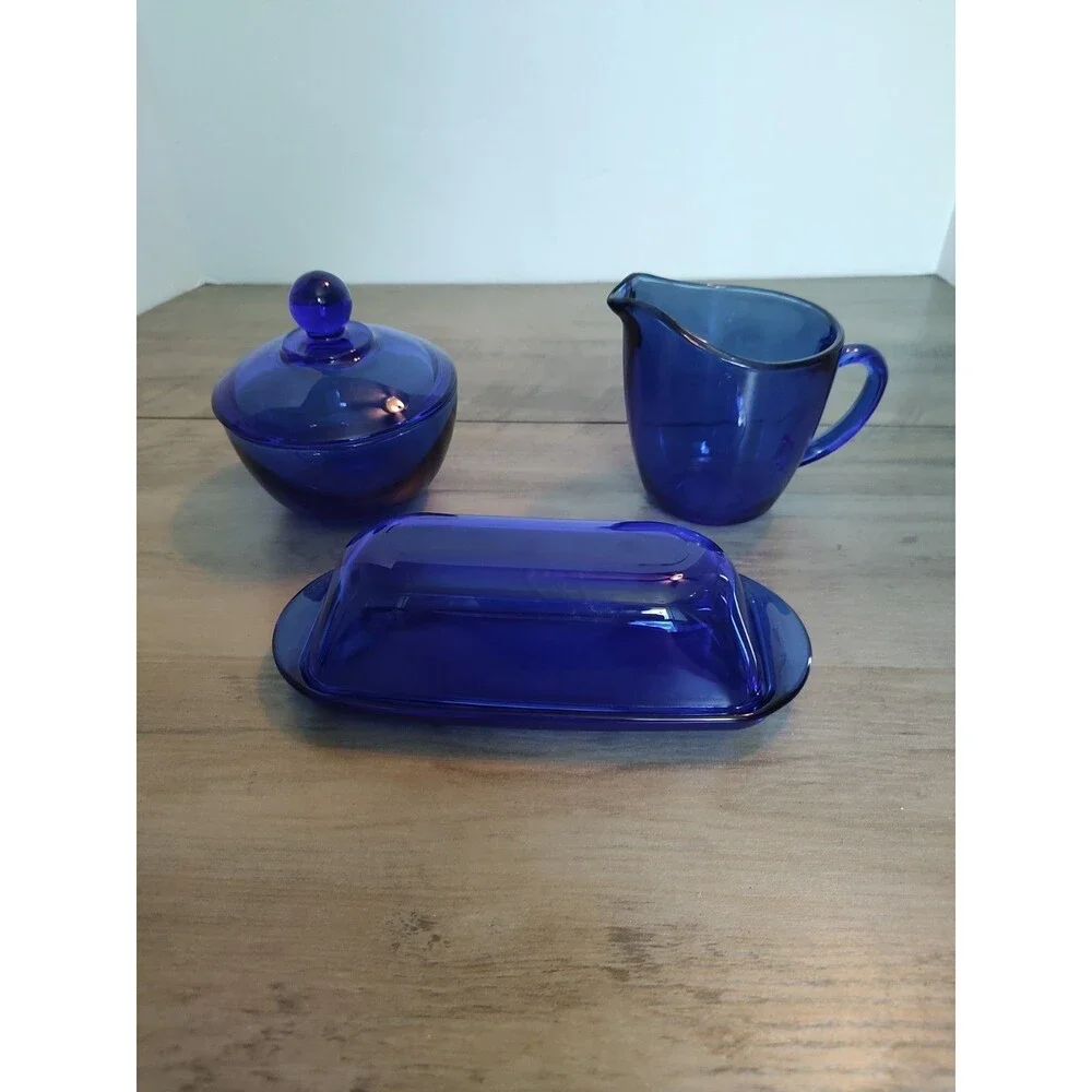 Vintage Anchor Hocking Cobalt Blue Creamer & Covered Sugar Bowl Butter Dish Set